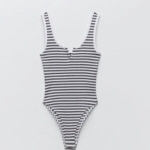 Black & White Striped Ribbed V-Neck Bodysuit